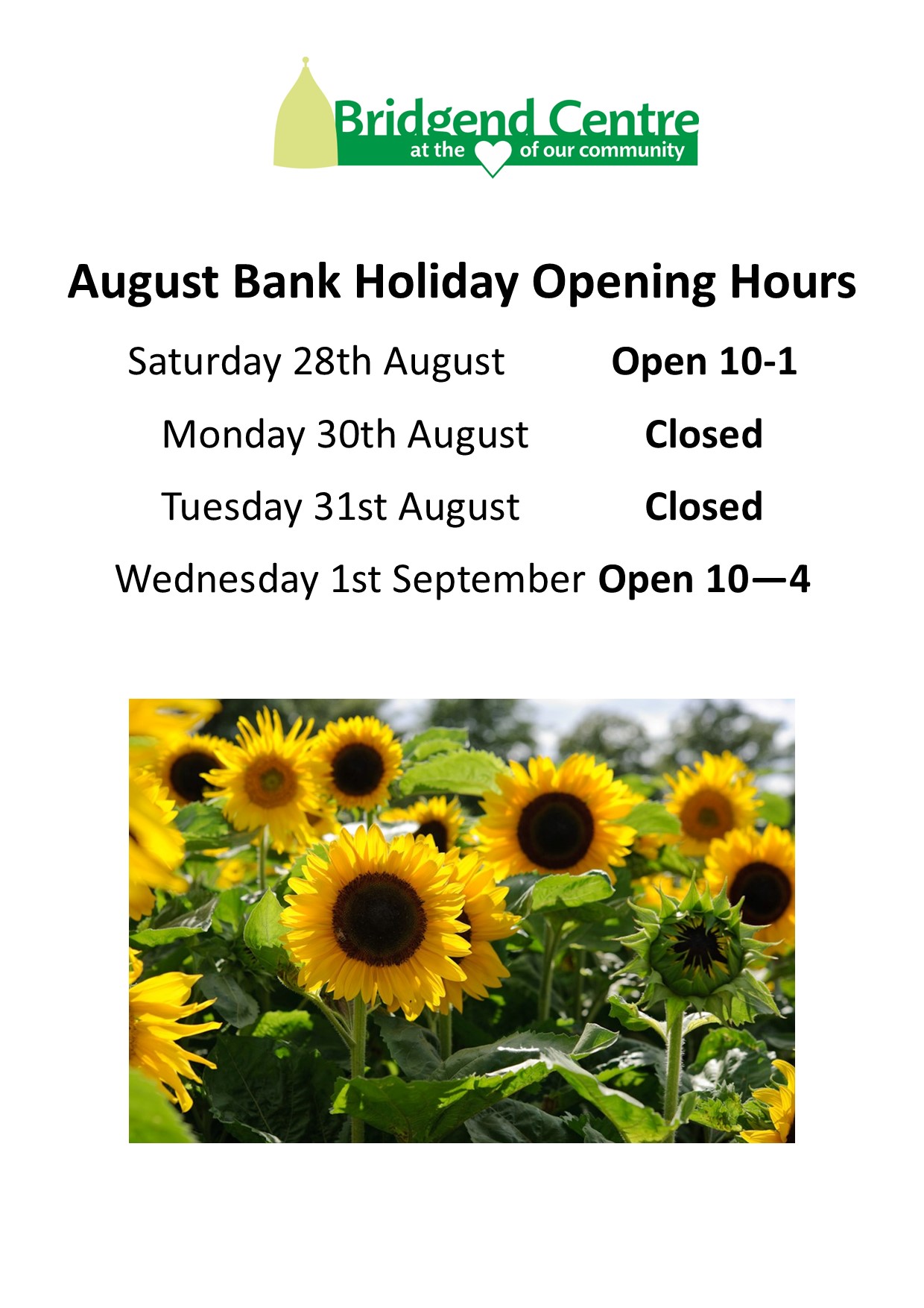 Bank holiday weekend August Bridgend Centre