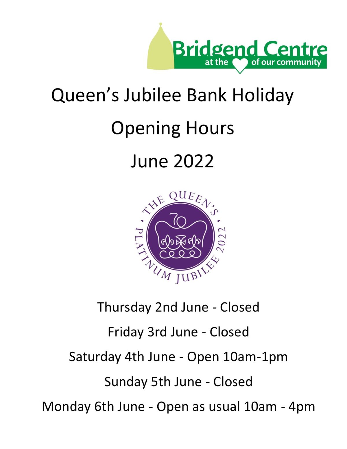 Jubilee Bank Holiday Opening Hours – Bridgend Centre